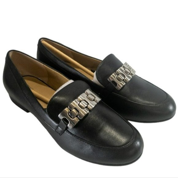 Adrienne Vittadini Raja Block Heel Slip-on Leather Loafers Black -8.5 - Picture 2 of 5